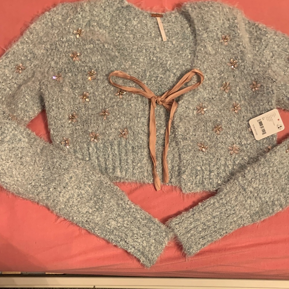 Free People Light Blue Cropped Embellished Tie-Front Cardigan